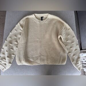 Cream Knit Sweater with Textured Sleeves